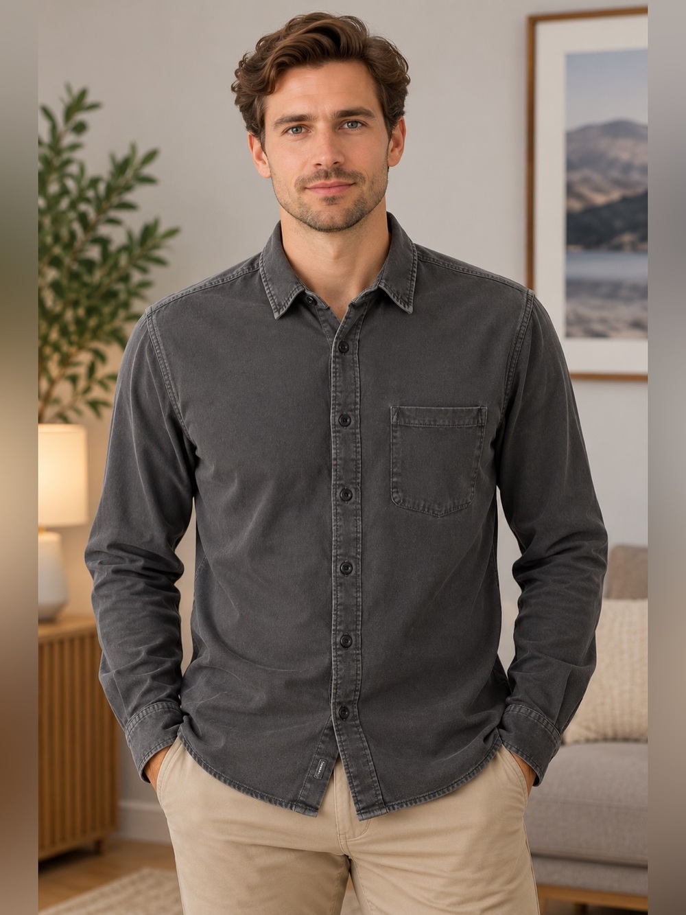 Faherty Washed Charcoal Long-Sleeve Button-Down Shirt